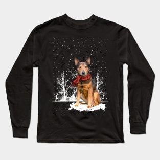 Christmas Shepherd Terrier With Scarf In Winter Forest Long Sleeve T-Shirt